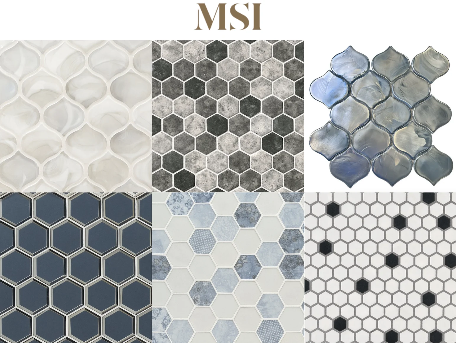 MSI mosaic tile options including hexagons and arabesque patterns